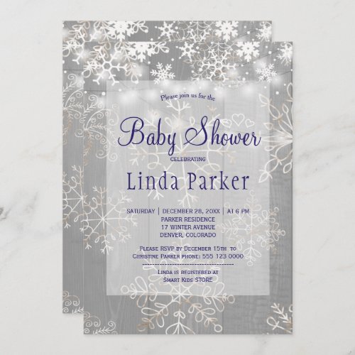 White navy snowflakes rustic winter baby shower invitation