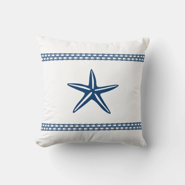 White & Navy Starfish Throw Pillow (Front)