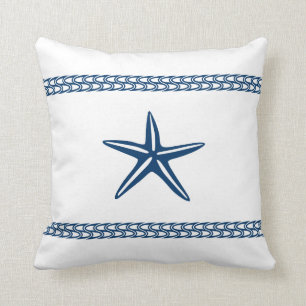 White & Navy Starfish Throw Pillow
