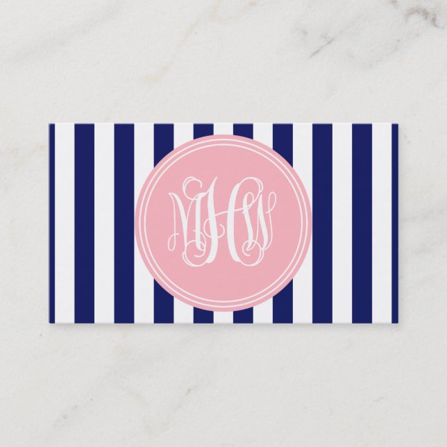 White Navy Vert Stripe 6x Pnk Vine Monogram DIY BG Business Card (Front)