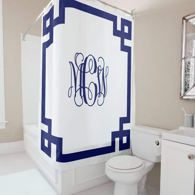 White Navy Vine Monogram DIY BG & Greek Key Frame Shower Curtain (Creator Uploaded)