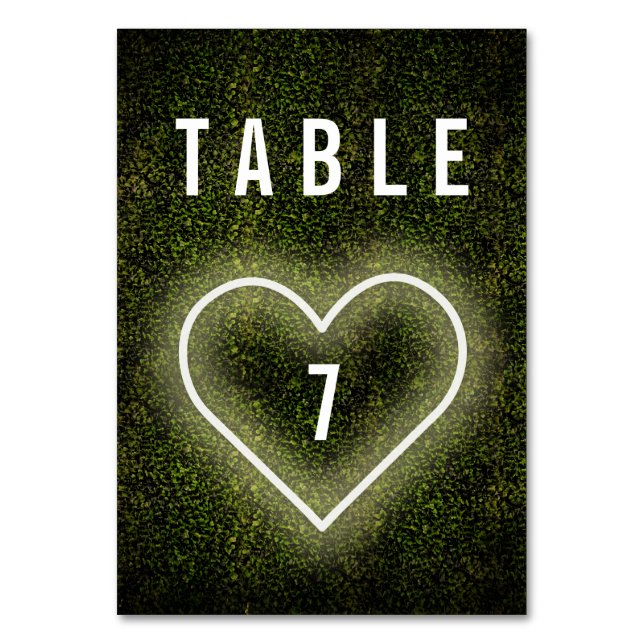 White Neon Heart Boxwood Wedding Table Number (Front)