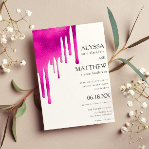White neon pink watercolor gradient drips wedding invitation