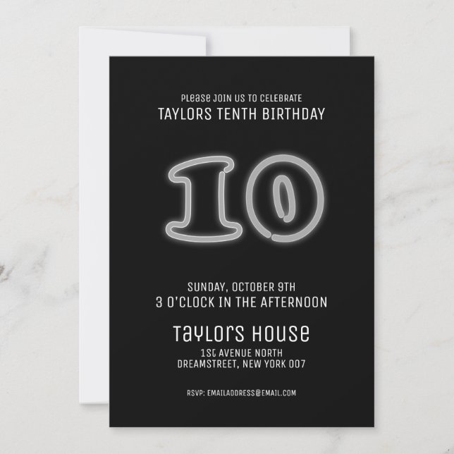 White Neon Sign 10th Trendy Birthday Party Invitation (Front)