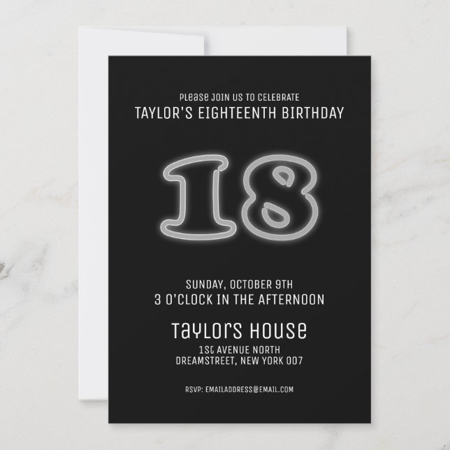 White Neon Sign 18th Trendy Birthday Party Invitation (Front)