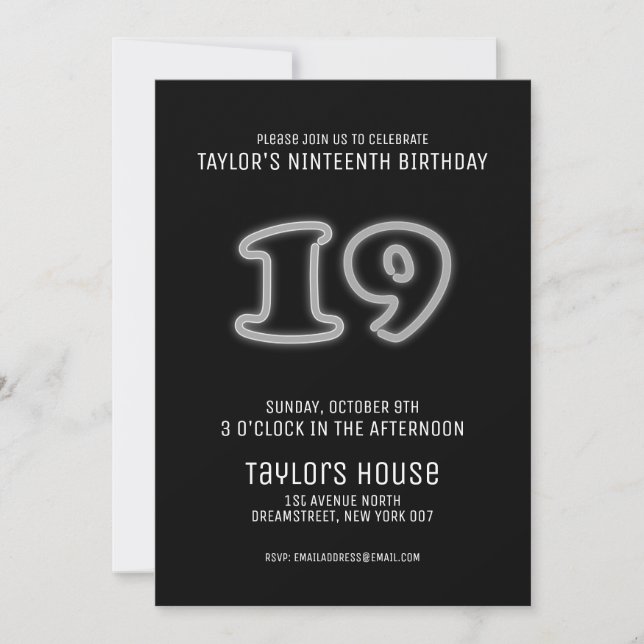 White Neon Sign 19th Trendy Birthday Party Invitation (Front)