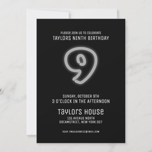 White Neon Sign 9TH Trendy Birthday Party Invitation