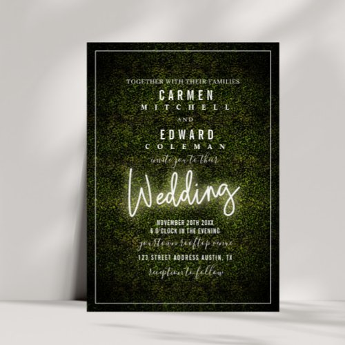 White Neon Sign Boxwood Wedding Invitation