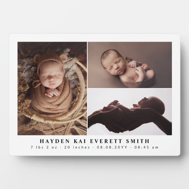White Neutral Baby Photo Collage New Baby Plaque (Front)