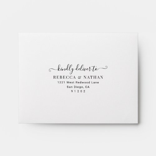 White & Neutral Blush Printed Return Address RSVP Envelope - Designed to coordinate with our Romantic Script wedding collection, this customizable RSVP envelope with pre-printed return address, features a white envelope with black text and botanical line art pattern set on a neutral blush background on the inside. To make advanced changes, please select "Click to customize further" option under Personalize this template.