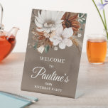 White Neutral Fall Flowers 60th Birthday Pedestal Sign<br><div class="desc">Sophisticated white fall flowers are surrounded by neutral gray,  brown and black leaves. The white text is a chic combination of upright lettering and calligraphy text. The taupe watercolor background frames them all perfectly.</div>