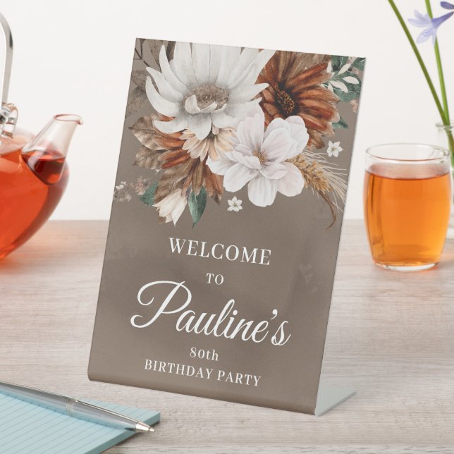 White Neutral Fall Flowers 80th Birthday Pedestal Sign (In SItu)