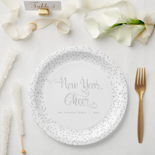 White New Year Cheer Silver Snowflake Script Paper Plates