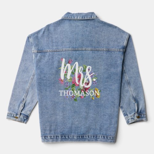 White Newlywed Mrs Last Name Text On Blue Jeans Denim Jacket