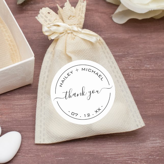 White Newlywed Wedding Thank You Classic Round Sticker (Black & White Newlywed Wedding Thank You Classic Round Sticker)