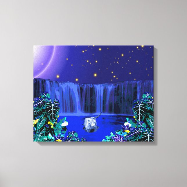 White Night Tiger Tropical Waterfall Canvas Print (Front)
