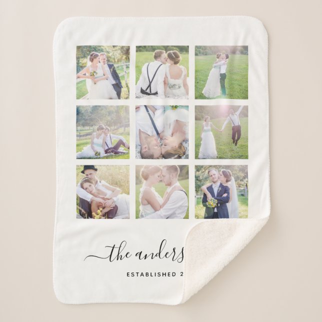 White Nine Photo Collage Family Name Calligraphy Sherpa Blanket (Front)