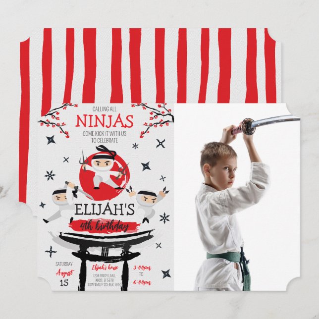 White Ninja Warrior Martial Arts Birthday Photo Invitation (Front/Back)
