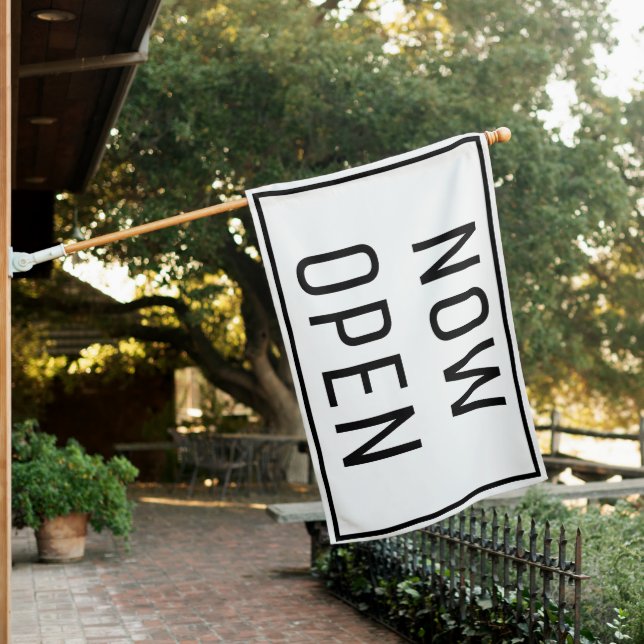 WHITE NOW OPEN SIGN FLAG (In SItu)