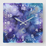White Numbers / Modern Purple, Blue, Gold Abstract Square Wall Clock at Zazzle