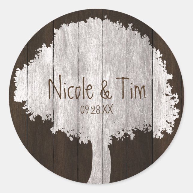 White Oak Tree & Wood Rustic Wedding Favor Sticker (Front)