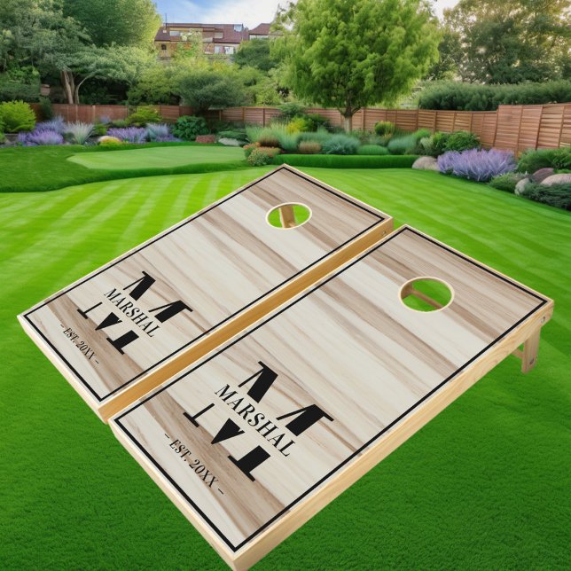 White Oak Wood Black Family Name Monogram Cornhole Set (Creator Uploaded)