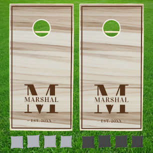 White Oak Wood Brown Family Name Monogram Cornhole Set