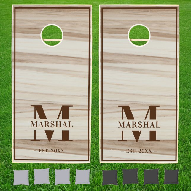 White Oak Wood Brown Family Name Monogram Cornhole Set (Creator Uploaded)