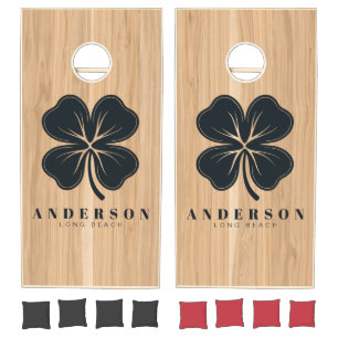 White Oak Wood Four Leaf Clover with Name Cornhole Set