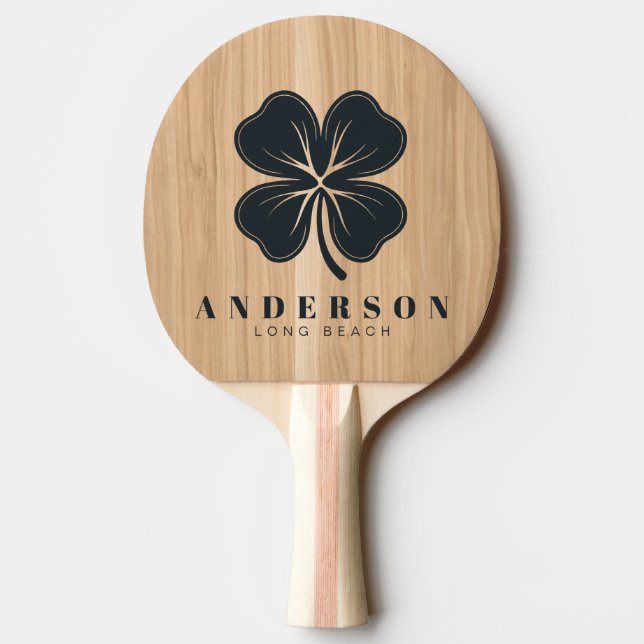 White Oak Wood Four Leaf Clover with Name Ping Pong Paddle (Back)