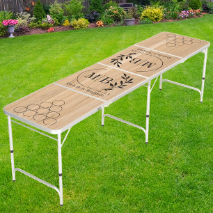 White oak Wood Modern Leaf Wedding Monogram Beer Pong Table