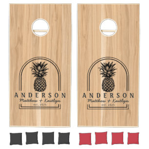 White Oak Wood Pineapple Wedding Arch & Name Cornhole Set