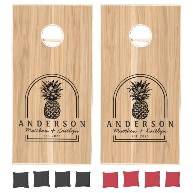 White Oak Wood Pineapple Wedding Arch & Name Cornhole Set (Set)