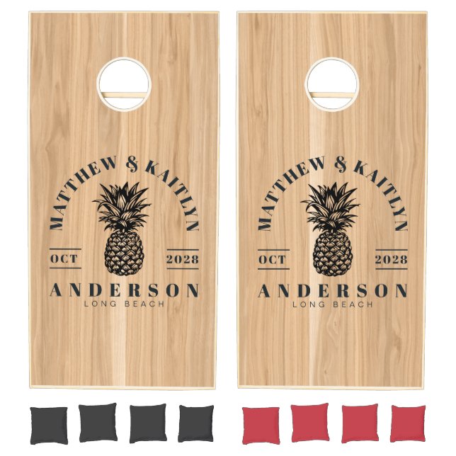 White Oak Wood Tropical Pineapple Wedding Crest Cornhole Set (Set)