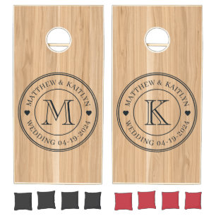 White Oak Wood Wedding Monogram Heart Cornhole Set