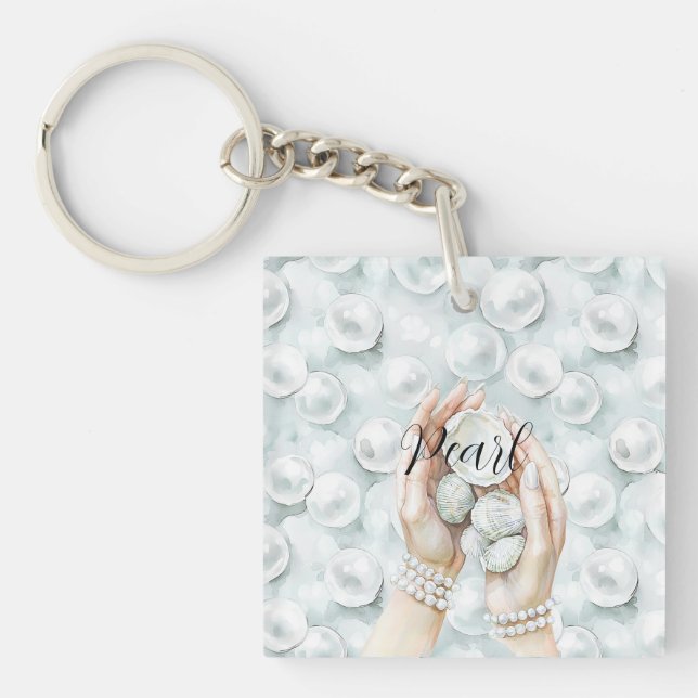 White Ocean Seafoam Blue Shells Pearls Keychain (Front)