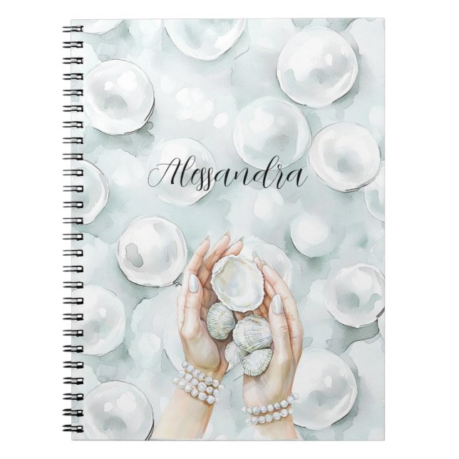 White Ocean Seafoam Blue Shells Pearls Notebook (Front)