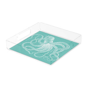 White octopus nautical illustration on blue-green acrylic tray