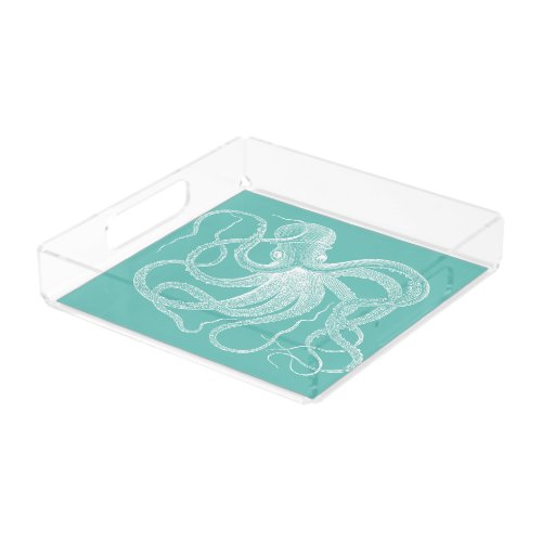 White octopus nautical illustration on blue_green acrylic tray