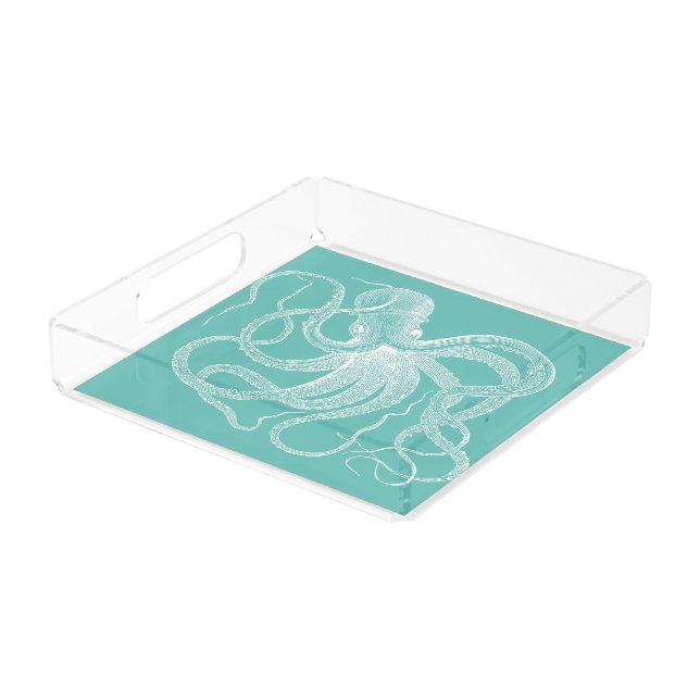 White octopus nautical illustration on blue-green acrylic tray (Angled)