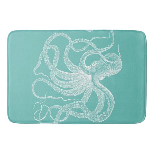 White octopus nautical illustration on blue_green bath mat