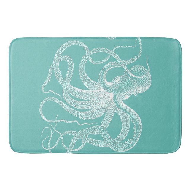 White octopus nautical illustration on blue-green bath mat (Front)