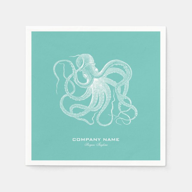 White octopus nautical illustration on blue-green napkins (Front)