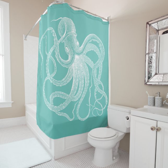 White octopus nautical illustration on blue-green shower curtain (In Situ)