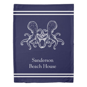 White Octopus navy blue nautical ocean coastal Duvet Cover