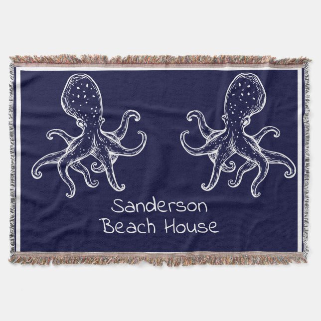 White Octopus navy blue nautical ocean coastal  Throw Blanket (Front)