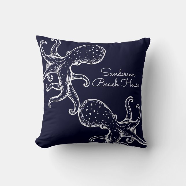 White Octopus navy blue nautical Outdoor Pillow (Front)