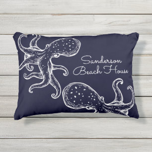 White Octopus navy blue nautical Outdoor Pillow