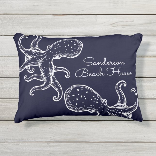 White Octopus navy blue nautical Outdoor Pillow (Front)