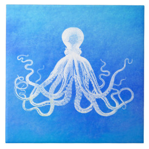 White Octopus Ocean Blue Watercolor  Ceramic Tile